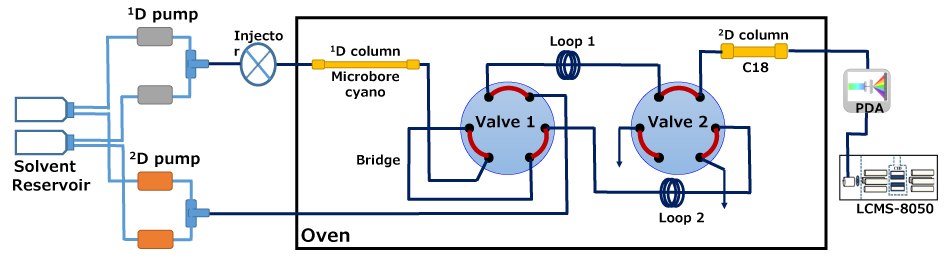 Scheme of the instrument used for RP-LC×RPLC-PDA-MS analysis. A schematic representation of an instrument setup for RP-LC×RPLC-PDA-MS analysis, featuring a combination of components in a clear and organized layout. On the left side, there are two pumps labeled "1D pump" and "2D pump," both connected to a solvent reservoir, which is illustrated in light blue and orange, respectively. The pumps lead to an "Injecto" component, which is positioned above a narrow "1D column" labeled in yellow, indicating its role in the first dimension of the analysis. The diagram also includes two circular valves, marked as "Valve 1" and "Valve 2," connected by blue lines that represent fluid pathways. These valves manage the flow between two loops, labeled "Loop 1" and "Loop 2," which are positioned centrally in the image. To the right, a "2D column" with a "C18" label connects to a "PDA" (Photodiode Array) detector, leading to an "LCMS-8050" unit, shown in a gray box.