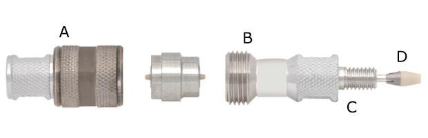Ascentis® Express guard column A real photograph of an Ascentis® Express guard column is depicted, showcasing its clearly separated parts identified as A, B, C, and D