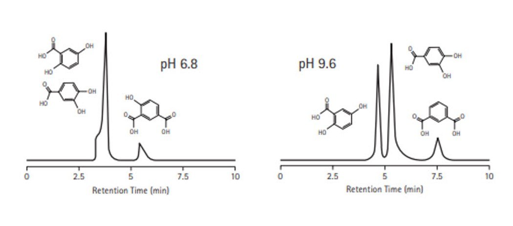 philic-2 Side-by-side chromatograms comparing the retention times of compounds at two different pH levels: 6.8 on the left and 9.6 on the right. Each graph shows a distinct peak pattern, with the pH 6.8 chromatogram displaying a single prominent peak, while the pH 9.6 chromatogram reveals multiple peaks. Inset structures illustrate the chemical compounds analyzed, highlighting their molecular differences at the two pH levels.