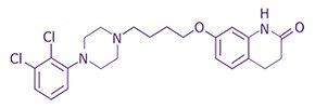 Chemical structure aripiprazole A chemical structure diagram featuring a series of interconnected atoms, including chlorine (Cl), nitrogen (N), carbon (C), oxygen (O), and hydrogen (H). The structure is depicted in a simple, clear format, emphasizing the arrangement of the molecules.