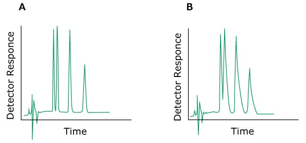 Problem Tailing Peaks Two HPLC chromatograms labeled A and B, plotted with detector response on the y-axis and time on the x-axis. The chromatogram on the left (labeled A) displays normal peaks colored in green. In contrast, the chromatogram on the right (labeled B) exhibits green-colored peaks, indicating the issue of a tailing peaks.