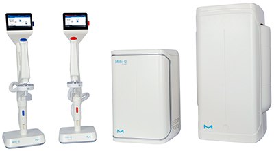 Milli-Q® IQ 7003/05/10/15 Ultrapure & Pure Water Purification System Two medical devices on stands with screens, one red and one blue, alongside a compact white unit and a larger white box. All devices feature the M logo.