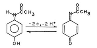 Two-electron, two-proton oxidation Two-electron, two-proton oxidation of acetaminophen to an electrochemically active intermediate.