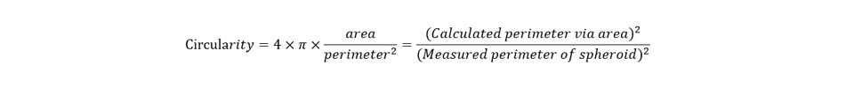 Circularity Formula Formula for calculating Circularity. Circularity is equal to the calculated perimeter via area squared, divided by the measured perimeter of spheroid squared.