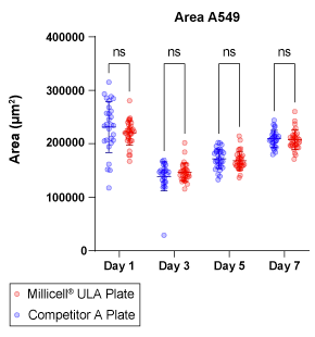 Spheroid Formation in Millicell ULA Plates Over Time - Area A549 A549 spheroid formation in Millicell ULA plates over time