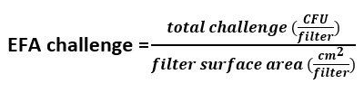 Effective front area challenge (EFA) Equation for effective frontal area challenge in CFU per square centimeter, defined as the total challenge (colony forming units per filter) divided by the filter surface area.