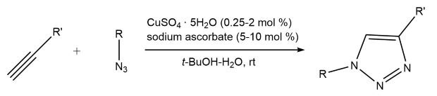 Copper-catalyzed azide-alkyne cycloaddition reaction (CuAAC) A chemical reaction diagram illustrating the synthesis of a compound. On the left, two reactants are shown: a linear molecule with a variable group R' and an azide group (N3) attached to another variable group R. The reaction conditions are specified in the center, including the use of copper sulfate pentahydrate (CuSO4·5H2O) at a concentration of 0.25-2 mol % and sodium ascorbate at 5-10 mol %. The reaction occurs in a solvent mixture of t-butanol and water at room temperature (rt). On the right, the product is depicted, featuring a six-membered ring with two nitrogen atoms and variable groups R and R'.