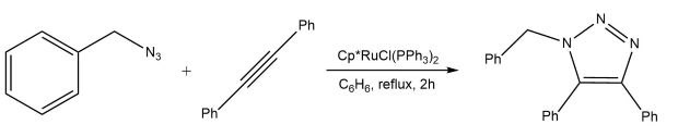 Ruthenium-catalyzed one step azide-alkyne cycloaddition (RuAAC) A chemical reaction diagram illustrating the synthesis of a compound. On the left, a phenyl azide (with the azide group N3 attached to a phenyl ring) is shown alongside a linear alkyne with a phenyl group (Ph) at both ends. The reaction conditions are detailed in the center, indicating the use of a catalyst, cyclopentadienyl ruthenium chloride (Cp*RuCl(PPh3)2), in the solvent toluene (C6H6) under reflux for 2 hours. On the right, the resulting product is depicted, featuring a six-membered ring with three nitrogen atoms and two phenyl groups attached.