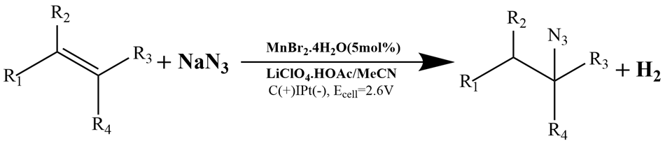 Transition metal salt catalyzed oxidation reaction A chemical reaction involving the oxidation of a compound with multiple substituents, represented by a carbon-carbon double bond backbone with four attached groups labeled R1, R2, R3, and R4 upon reaction with sodium azide (NaN3). An arrow points to the right, indicating the direction of the reaction, with the catalyst MnBr2·4H2O noted above the arrow, alongside other reagents, including lithium perchlorate (LiClO4), acetic acid (HOAc), and acetonitrile (MeCN), along with specific electrochemical conditions, including a cell voltage of 2.6 volts. On the right side, the resulting product is shown, featuring two azide groups (N3) incorporated into the structure, with hydrogen gas (H2) as a byproduct. The entire illustration is rendered in black on a white background, providing a clean contrast that emphasizes the chemical structures and the details of the reaction conditions.