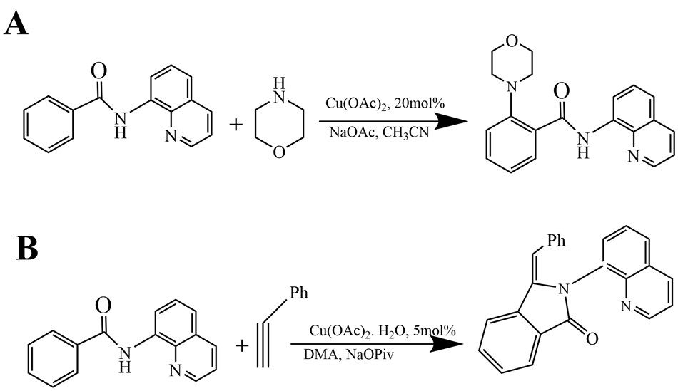 Cu(OAc)2 catalyzed electrochemical C–H functionalization Two distinct sections labeled A and B, illustrating chemical reactions involving copper acetate (Cu(OAc)2) as a catalyst for C–H functionalization. In section A, the left side shows two reactants: one is a complex structure featuring an aromatic ring with a carbonyl group (C=O) and an amine group (–NH), connected to a second aromatic ring containing a nitrogen atom. The second reactant is a simple aromatic compound with a nitrogen atom and a hydroxyl group (–OH). An arrow points to the right, indicating the reaction's progress, with the catalyst Cu(OAc)2 noted as 20 mol% and sodium acetate (NaOAc) in acetonitrile (CH3CN) listed below the arrow. The product, depicted on the right, is a new structure that combines elements from both reactants, showing additional connectivity between the nitrogen and oxygen atoms. Section B features another reaction setup, where the left side displays a similar initial structure as in section A, paired with a phenyl group (Ph) and an alkyne (a carbon-carbon triple bond). Again, an arrow indicates the reaction's progression, noting Cu(OAc)2 with a lower catalyst concentration of 5 mol%, along with water (H2O), dimethylacetamide (DMA), and sodium pivalate (NaOPiv) as reaction conditions. The resulting product on the right showcases a modified structure that incorporates the phenyl group, emphasizing the functionalization achieved. The entire image is rendered in black on a white background, ensuring clarity and contrast for the chemical structures and their transformations.