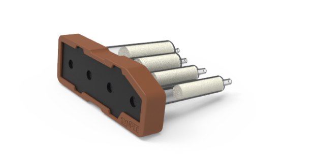 Boc deprotection cartridge Brown Synple Boc deprotection cartridge with a black core and four reaction vials.