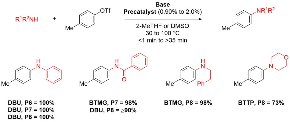 Buchwald-Hartwig Amination Reaction scheme showing a Buchwald-Hartwig amination with different conditions using P6, P7, and P8 precatalysts from Table 1