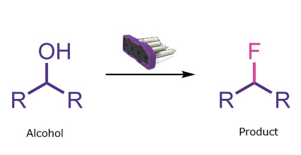 Deoxyfluorination reaction scheme Reaction scheme showing conversion of an alcohol into the corresponding fluorinated product.