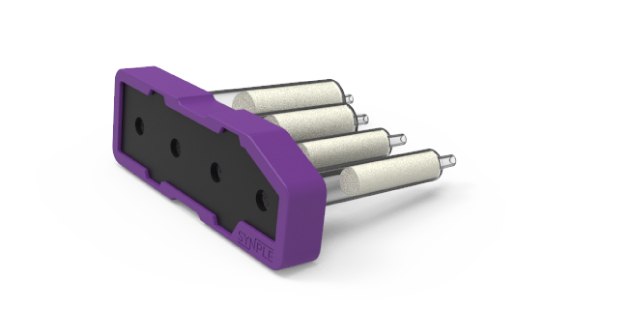 Fluorination cartridge Purple Synple fluorination cartridge with a black central section and four aligned reagent vials.