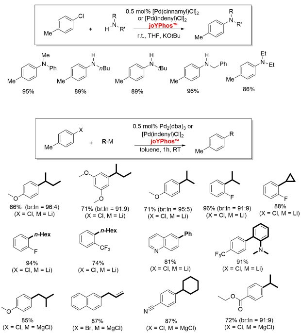 joYPhos applications A reaction scheme showing the coupling of an aryl chloride (ArCl) with an amine (H2N-R') using 0.5 mol% of either Pd(cinnamyl)Cl2 or Pd(indenylyl)Cl2 and 0.5 mol% of joYPhos in THF at room temperature with KOtBu. The upper section displays various products with yields ranging from 86% to 96%. The lower section features a second reaction using 0.5 mol% Pd2(dba)3 or Pd(indenylyl)Cl2 in toluene at room temperature for 1 hour. Several products are shown, each labeled with their respective yields, including variations with different substituents like ethyl (Et), methoxy (O), and trifluoromethyl (CF3), with yields ranging from 66% to 94%.