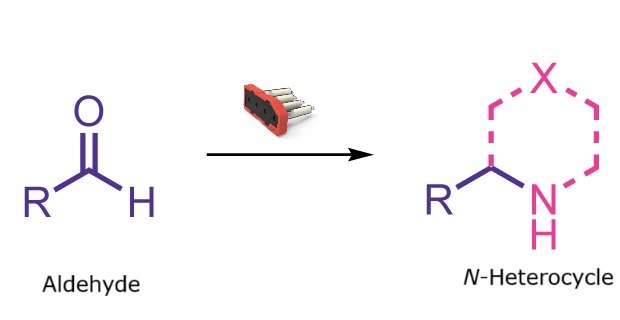 N-heterocycle formation reaction Reaction scheme showing formation of an N-heterocycle from an aldehyde and an amine precursor.