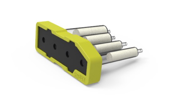 Protac formation cartridge Yellow Synple Protac formation cartridge with a black center panel and four aligned reaction vials.