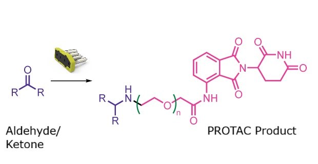 PROTAC formation reaction Reaction scheme showing coupling of an amine with a linker and E3 ligand to form a PROTAC structure.