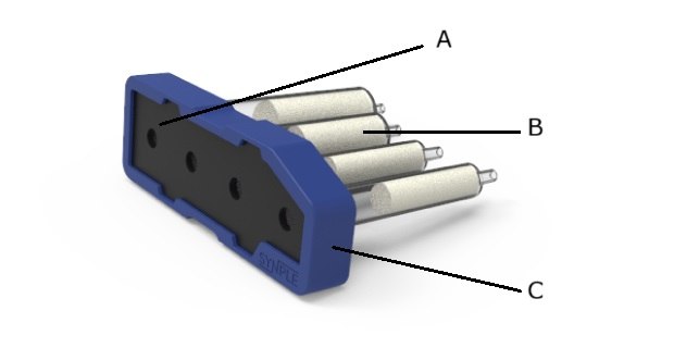 Synple reaction cartridge Blue Synple azide protection cartridge featuring a black center panel and four aligned reaction vials.