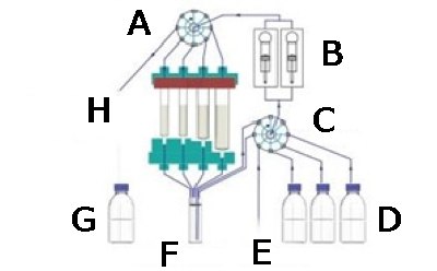 Schematic of reaction run with Synple The schematic shows the sample vial and solvent bottles are connected to the pumps, 2 valves and the reaction cartridge. The pumps will pump the sample vial through the different compartments in the reaction cartridge along with attached solvents being used for rinses and cleaning. The schematic also shows that the process can be inerted using nitrogen gas.