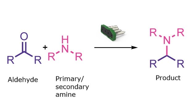 Reductive amination reaction scheme Reaction scheme showing aldehyde or ketone reacting with an amine to give a tertiary amine product.