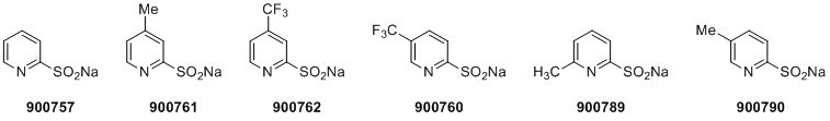 ts-willis-pyridinates-fig1 Six chemical structures, each with a unique product number below them. The structures are variations of benzene rings with different functional groups attached, such as amine (NH2), sulfonate (SO3Na), methyl (CH3), fluorine (F), and ketone (C=O). The product numbers are 900757, 900762, 900760, 900759, 900763, and 900760.
