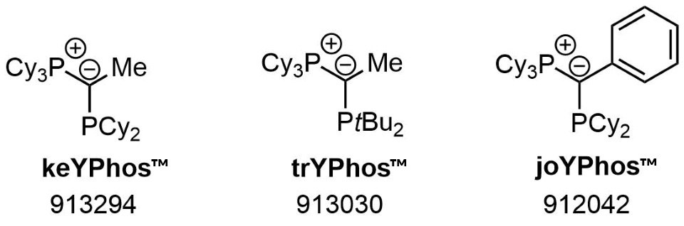 yPhos ligands A diagram displaying three chemical structures labeled as keYPhos (913294), trYPhos (913030), and joYPhos (912042). Each structure features a phosphine group with various substituents, including a cyano group (Cy3P), a methyl group (Me), and a phenyl group (Ph) in the case of joYPhos. The structures indicate different configurations of the phosphine ligands.