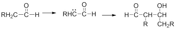 A chemical reaction diagram showing the transformation of a compound with the formula RH₂C-C=H into an intermediate with a double bond and then into a final product featuring a hydroxyl group (OH) and an alkyl group (R) attached to a carbon chain. A chemical reaction diagram showing the transformation of a compound with the formula RH₂C-C=H into an intermediate with a double bond and then into a final product featuring a hydroxyl group (OH) and an alkyl group (R) attached to a carbon chain.
