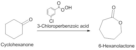 A chemical reaction diagram illustrating the transformation of cyclohexanone (left) into 6-hexanolactone (right) using 3-chloroperbenzoic acid (center) as the reagent. Cyclohexanone is depicted with a cyclic structure and a carbonyl group (C=O). The 3-chloroperbenzoic acid is shown with a benzene ring, a carboxylic acid group (–COOH), and a chlorine atom (Cl). The product, 6-hexanolactone, is represented with a cyclic structure featuring two carbonyl groups. A chemical reaction diagram illustrating the transformation of cyclohexanone (left) into 6-hexanolactone (right) using 3-chloroperbenzoic acid (center) as the reagent. Cyclohexanone is depicted with a cyclic structure and a carbonyl group (C=O). The 3-chloroperbenzoic acid is shown with a benzene ring, a carboxylic acid group (–COOH), and a chlorine atom (Cl). The product, 6-hexanolactone, is represented with a cyclic structure featuring two carbonyl groups.