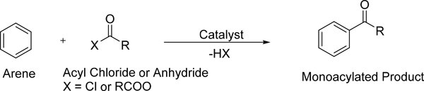 Friedel–Crafts acylation reaction shown as molecular structures Friedel–Crafts acylation reaction shown as molecular structures