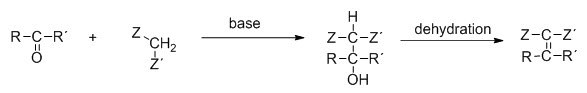 Knoevenagel Condensation Reaction A diagram showing dehydration synthesis of a carbonyl compound with Z and CH2, resulting in Z-C-Z' and R-C-R'.