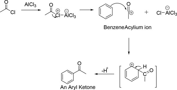 Friedel-Crafts acylation mechanism with an AlCl<sub>3</sub> catalyst shown as molecular structures Friedel-Crafts acylation mechanism with an AlCl3 catalyst shown as molecular structures