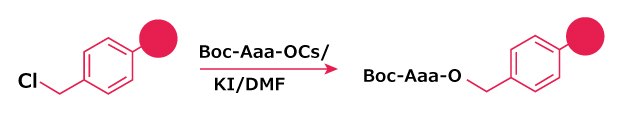 Procedure showing Boc‑amino acid conversion to its cesium salt, resin pre‑swelling, and coupling to Merrifield resin in DMF at 50 °C with optional KI catalyst.