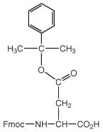 fmoc-aspo-2-phipr-oh A chemical structure featuring a phenyl group, an ester linkage, and an Fmoc-amino acid connected to a carbon chain.