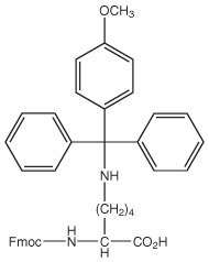 fmoc-lysmmt-oh A chemical structure with three phenyl groups, an amine, and an Fmoc-amino acid linked to a four-carbon chain.