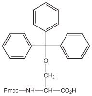 fmoc-sertrt-oh A chemical structure with a central oxygen atom linked to three phenyl groups and an Fmoc-amino acid.
