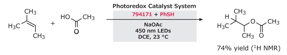 Anti-Markovnikov hydroacetoxylation of styrenes using sodium benzene sulfinate and photoredox catalyst Black-on-white reaction scheme shows anti-Markovnikov hydroacetoxylation of styrene using a photoredox catalyst, yielding 74% of acetoxylated product.