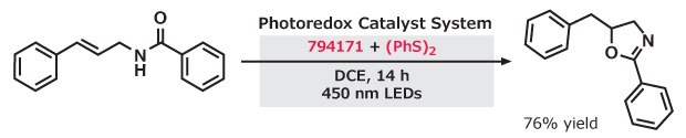 Photoredox-catalyzed amide hydrofunctionalization using diphenyl disulfide and catalyst 794171 in DCE Amide hydrofunctionalization via photoredox catalysis with diphenyl disulfide, producing a modified amide in 76% yield under blue LED light.