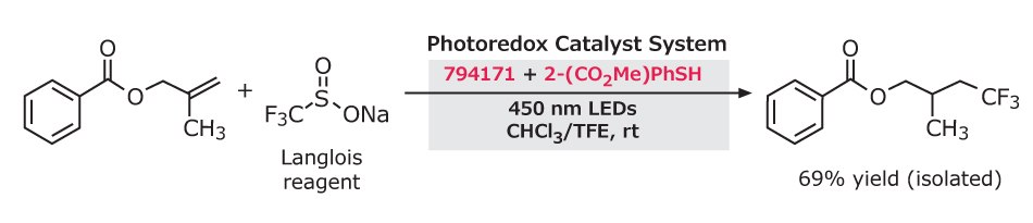 Hydrotrifluoromethylation of styrenes using a photoredox catalyst Black-on-white scheme shows labeled reactants, catalyst box, conditions, and product structure with CF₃ group and noted 69% yield.
