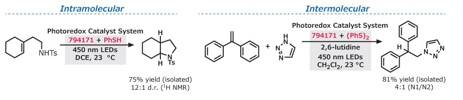 Intramolecular and intermolecular pathways Two black reaction schemes show intra- and intermolecular hydroamination with yields and conditions, forming nitrogen-containing products on white background.