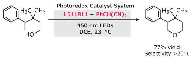 The reaction features propargylic and allylic alcohols converted to carbonyl-containing products Black-on-white scheme shows a propargylic alcohol reacting via photoredox catalysis to form a carbonyl product, with labeled reagents, light, and yield.