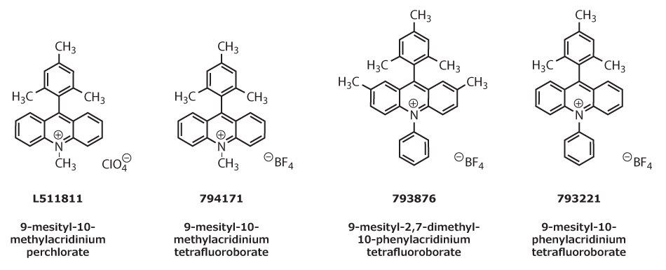 Structures of four acridinium salts with varied substituents and counterions The image shows four chemical structures of propargylic and allylic alcohols, featuring acridinium cores with varying substituents, all in black on a white background.