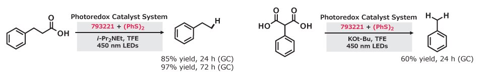 Photoredox hydrodecarboxylation of tertiary carboxylic acids and malonic acids Hydrodecarboxylation of tertiary and malonic acids using photoredox catalysis with catalyst 793221 and diphenyl disulfide under blue light.