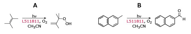 Visible-light-driven photooxygenation of alkenes via Type II and aromatics via ET Type Light-promoted oxygenation of alkene and aromatic substrates with L511811 in CH₃CN, forming alcohol and ketone products via selective oxidation.