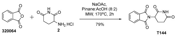 Synthesis of thalidomide A chemical reaction scheme illustrating the synthesis of thalidomide through a reaction involving sodium acetate in a mixture of pinane and acetic acid in an 8:2 ratio under microwave heating at 170°C for 2 hours. The reactants depicted on the left, include phthalic anhydride and 3-aminopiperidine-2,6-dione. A rightward arrow labeled with reaction conditions leads to the product on the right, which maintains core structural elements but shows modifications indicative of the reaction. Below the product, a yield of 79% is specified.