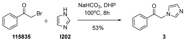 Synthesis of 2-(1H-imidazol-1-yl)-1-phenylethanone A chemical reaction scheme illustrating the synthesis of 2-(1H-imidazol-1-yl)-1-phenylethanone (3) from 2-bromoacetophenone and imidazole. The starting material, 2-bromoacetophenone, is shown with a bromine atom attached to the acetophenone moiety. The reaction involves imidazole, represented by its nitrogen-containing heterocyclic structure. The synthesis is carried out in the presence of sodium bicarbonate and dihydropinene as a solvent at a temperature of 100 degrees Celsius for 8 hours. The reaction yields 53% of the final product, 2-(1H-imidazol-1-yl)-1-phenylethanone, which is depicted with the imidazole ring linked to the acetophenone structure, replacing the bromine atom.