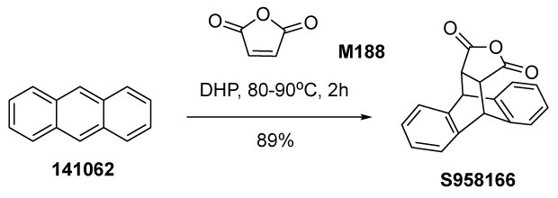 Diels-Alder (DA) cycloaddition of anthracene Diels-Alder cycloaddition reaction between anthracene and maleic anhydride. Anthracene is depicted as a three-ring aromatic hydrocarbon structure, while maleic anhydride is shown with a cyclic anhydride group. The reaction is facilitated in DHP as a solvent at a temperature range of 80 to 90 degrees Celsius for 2 hours. The resulting product is a cycloaddition compound, where the maleic anhydride has formed a new eight-membered ring with anthracene, indicating successful Diels-Alder reaction. The process yields 89% of the final cycloadduct, showcasing the transformation of the reactants into a more complex cyclic structure.