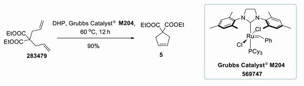 Grubbs catalyst mediated ring closing metathesis Grubbs catalyst mediated ring-closing metathesis of diethyl diallylmalonate. The starting material, diethyl diallylmalonate, is shown with two allyl groups attached to a central malonate core, each esterified with ethyl groups. The reaction is facilitated by the Grubbs Catalyst M204, a complex containing a ruthenium center with associated ligands, including a phosphine group and a chloride ligand. The process occurs in dihydropinene as a solvent at a temperature of 60 degrees Celsius over 12 hours. The reaction successfully forms a cyclized product through metathesis, closing the open chain into a ring structure, with a reported yield of 90%. This transformation highlights the efficiency of the Grubbs catalyst in promoting ring-closing metathesis reactions.