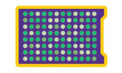 Clia Plate A colorful rectangular design featuring an array of green and white dots arranged in rows on a rich purple backdrop, encased within a bold yellow and green outline which is a representation of high-throughput Target detection