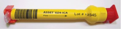 asset-ez4-dry Yellow and red asset-ez4-dry with text labels. The main body is yellow with a scale marked in black, and the ends are red. On the body, there’s printed text ‘ASSET EZ4-ICA’ followed by an arrow pointing towards the nozzle end and ‘Lot# 12345’.”
